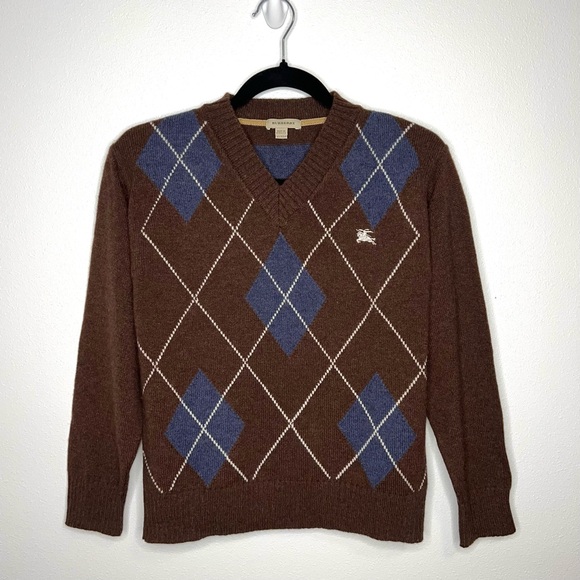 Burberry Youth Argyle V-Neck Sweater Cotton Brown Blue Diamond Striped Size 12Y - Picture 13 of 13